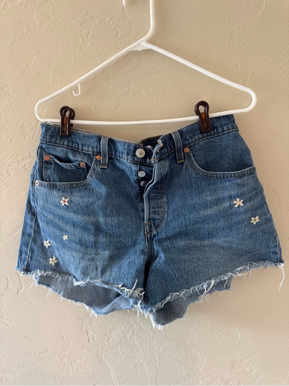 Signature by Levi Strauss Blue Denim Shorts with White Floral Embroidery